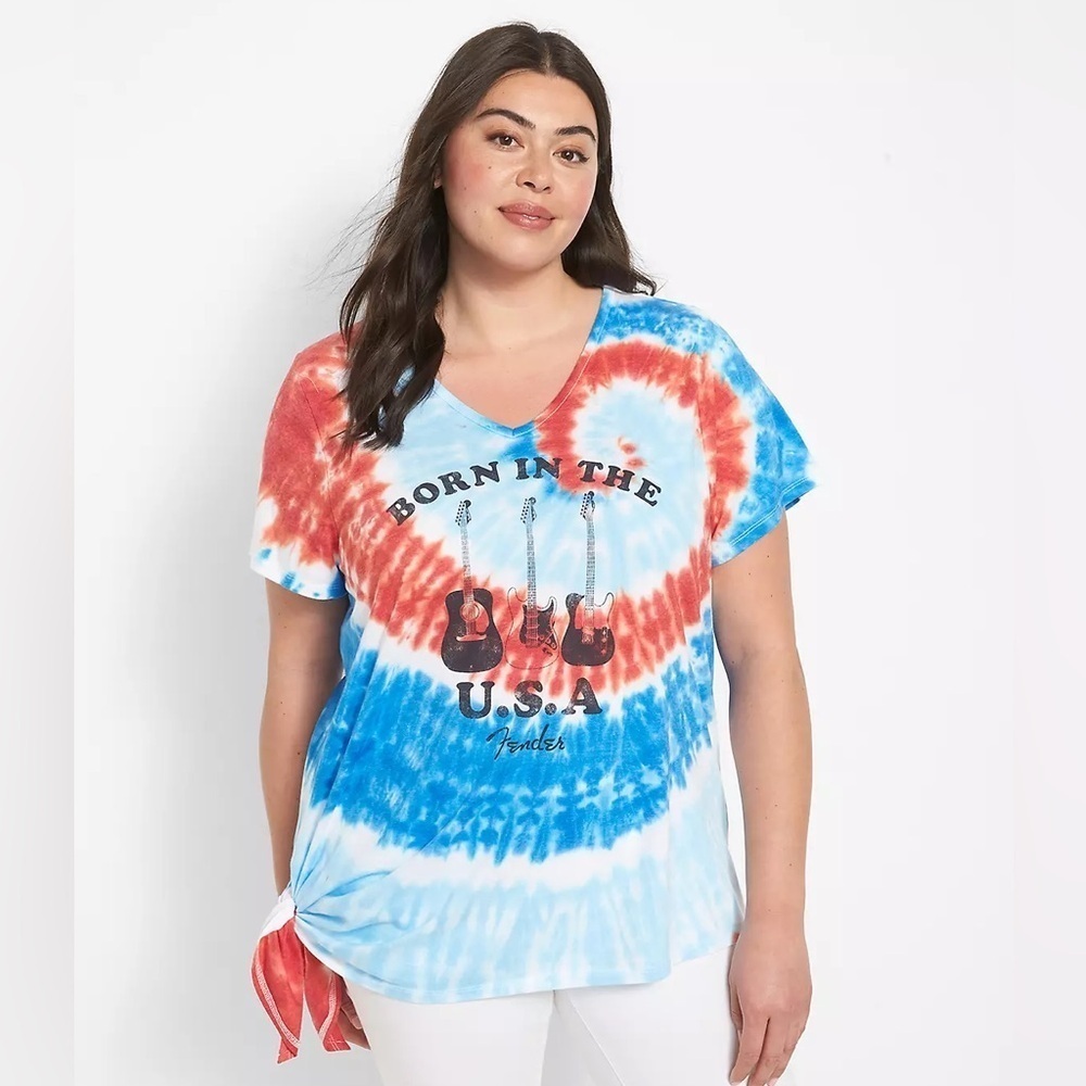 Fender Born in the USA Guitar Asymmetrical T-shirt Spiral Tie Dye size 18/20